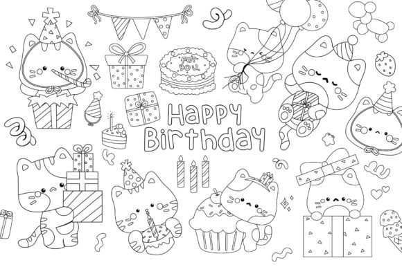 Birthday Cat Clipart Coloring