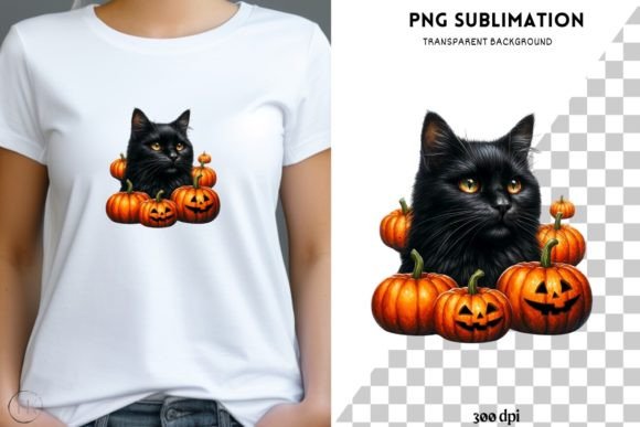 Black Cat with Pumpkins PNG