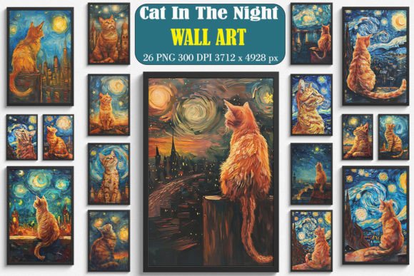 Cat in the Night Van Gogh Style Wall Art