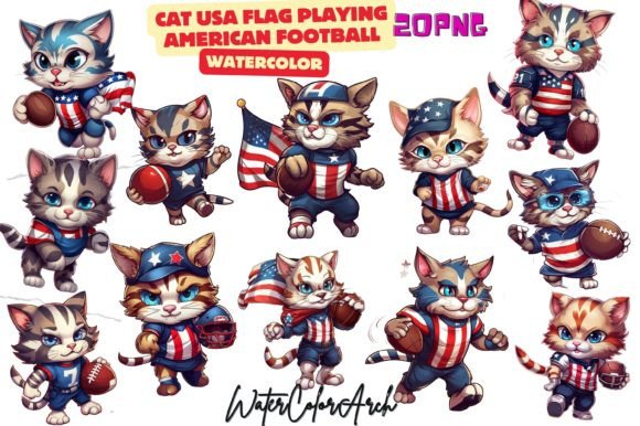 Cat USA Flag Playing American Football
