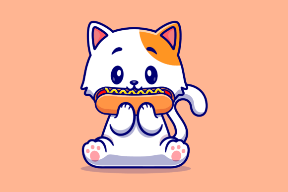 Cute Cat Eating Hotdog Cartoon