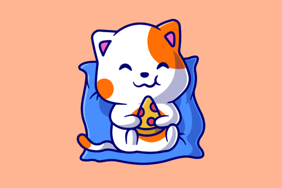 Cute Cat Eating Pizza on Pillow Cartoon