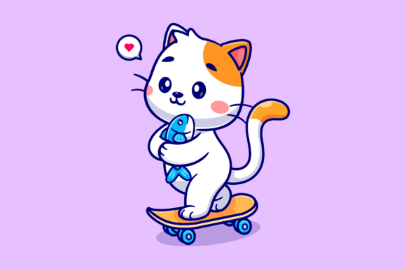 Cute Cat Holding Fish on Skateboard