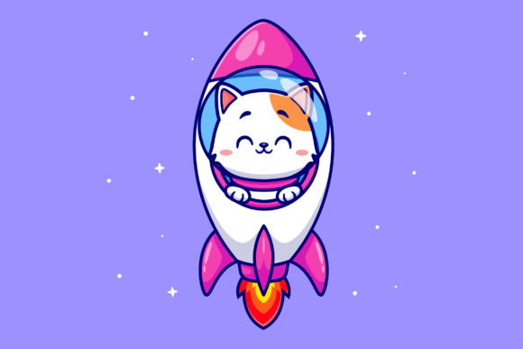 Cute Cat in Rocket Cartoon Illustration