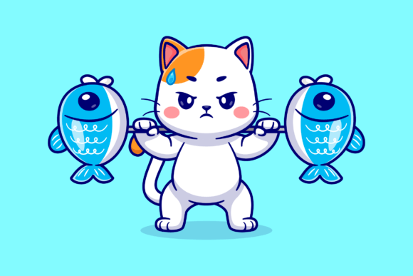 Cute Cat Lifting Fish Barbell Cartoon