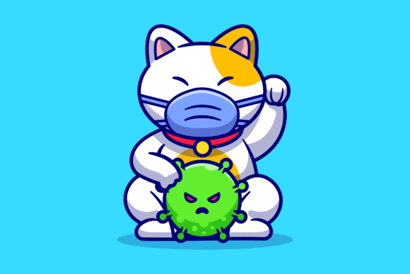 Cute Cat Maneki Neko Wearing Mask
