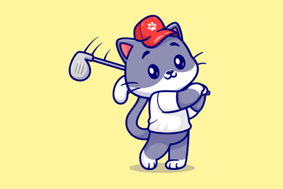 Cute Cat Playing Golf Cartoon