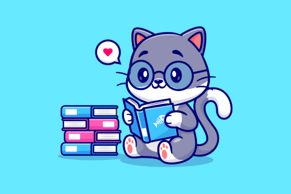 Cute Cat Reading Book Cartoon