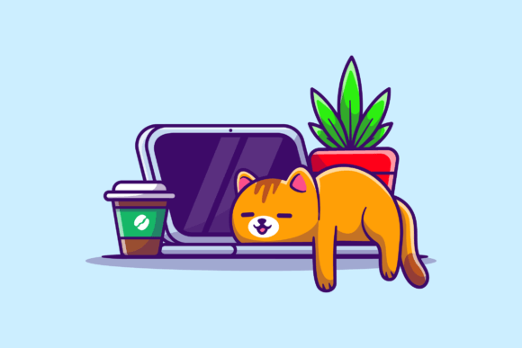 Cute Cat Sleeping on Laptop with Coffee