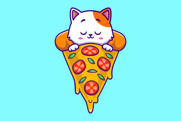 Cute Cat Sleeping on Pizza Cartoon