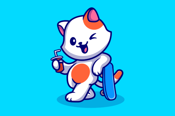 Cute Cat with Skateboard and Soda