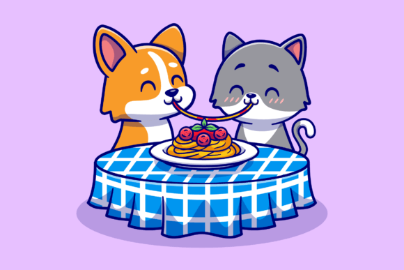 Cute Couple Cat and Corgi Dog Eating