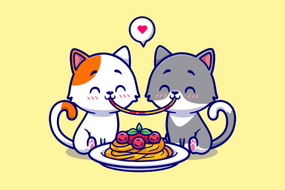 Cute Couple Cat Eating Spaghetti Cartoon