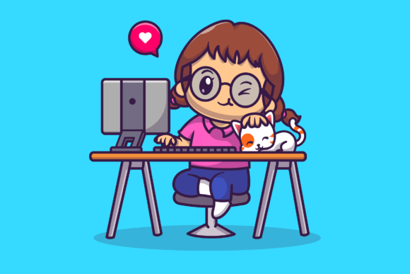 Cute Girl Working on Computer with Cat