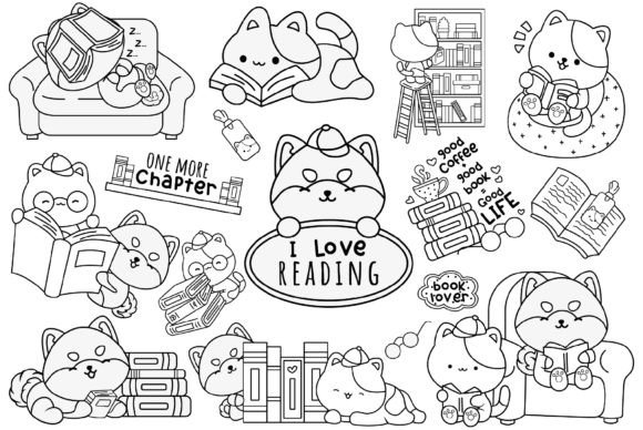 Dog and Cat Reading Clipart Coloring