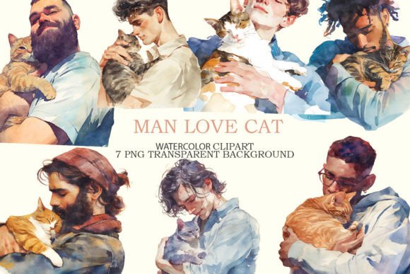 Man Love Cat Watercolor Clipart Bundle