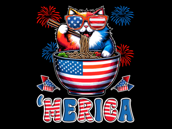 Merica Cat Eating Ramen 4th of July USA