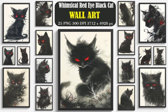 Whimsical Red Eye Black Cat Wall Art